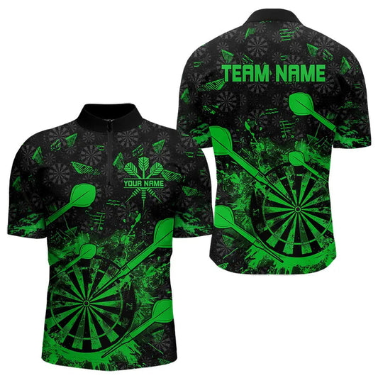 Black And Green Grunge Darts Polo, Quarter Zip For Men Custom Dart Shirts For Team Dart Jerseys TDM3464