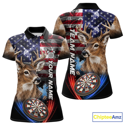Smoke American Flag Deer Darts Polo, 1/4 Zip Shirts For Women Custom Patriotic Darts Team Jersey TDM7606