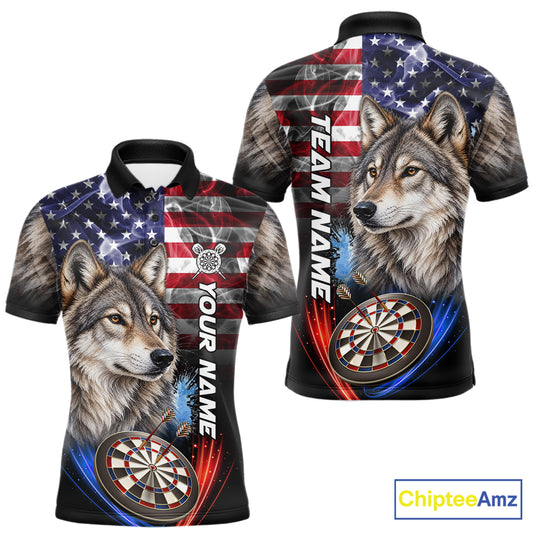 Smoke American Flag Wolf Darts Polo, 1/4 Zip Shirts For Men Custom Patriotic Darts Team Jersey TDM7608