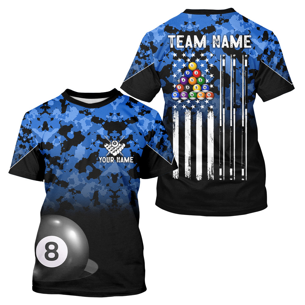 8 Ball Pool Blue Camo Custom Billiard T-Shirts For Men, Patriotic US Flag Billiard Team Jersey TDM2313