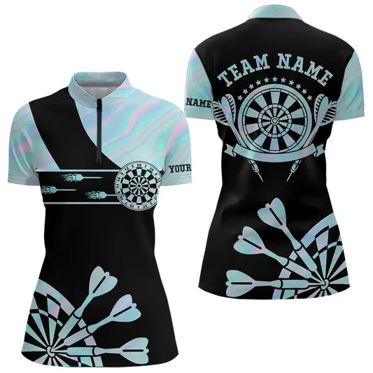 Holographic Blue Darts Tie Dye Polo & Quarter Zip Custom Dart Shirts For Women Glowing Dart Jerseys TDM3623