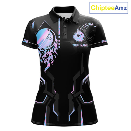Black And Holographic Crown Bowling Ball Polo, 1/4 Zip Shirts For Women Custom Bowling Team Jerseys TDM7319