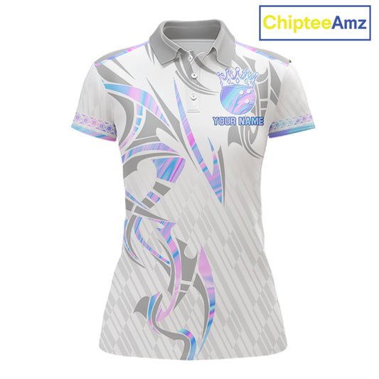 Custom Holographic Bowling Ball Crown Bowling Shirt For Women, Bowling League Team Jersey | White TDM7326