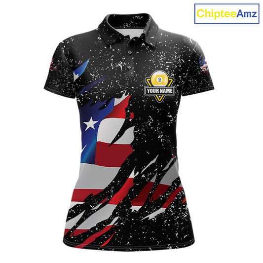 9 Ball Pool US Flag Black Grunge Custom Women's Billiard Shirt, Patriotic Billiard Team Jersey TDM7642