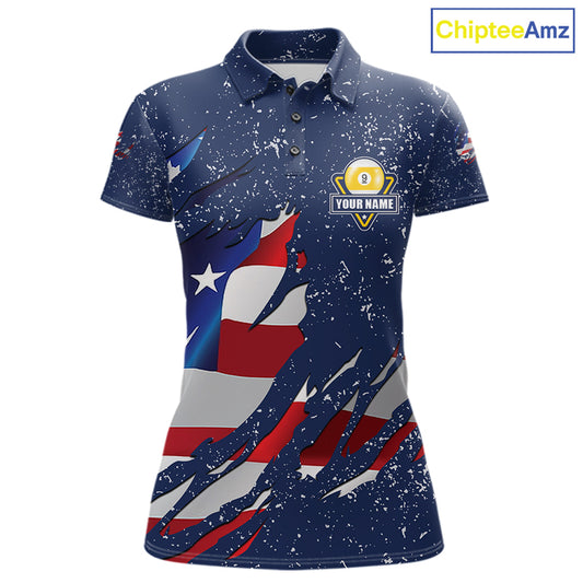 9 Ball Pool US Flag Navy Blue Grunge Custom Women's Billiard Shirt, Patriotic Billiard Team Jersey TDM7643
