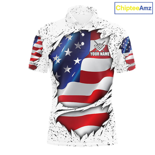 White grunge American flag 8 ball custom billiard polo shirt for men, personalized pool team jersey for tournaments.