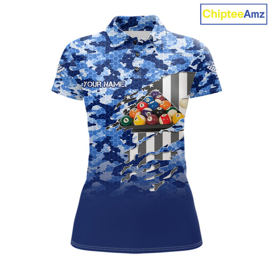 Personalized Blue Camo American Flag Billiard Shirts For Women Patriotic 8 Ball Pool Team Jersey TDM7339