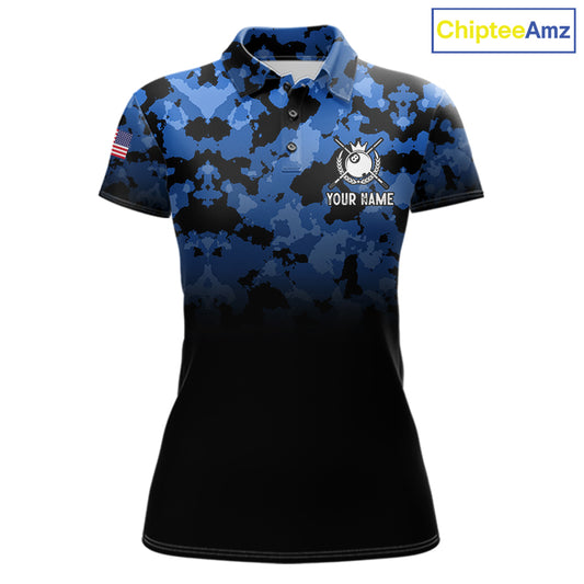 Black And Blue Camo US Flag 8 Ball Billiard Jersey For Women Custom Patriotic Pool Team Shirts TDM7671