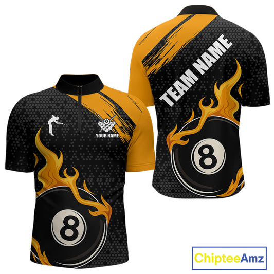 Black And Orange Flaming 8 Ball Billiard Shirt For Men Custom Pool Team Jersey Polo & 1/4 Zip TDM5317