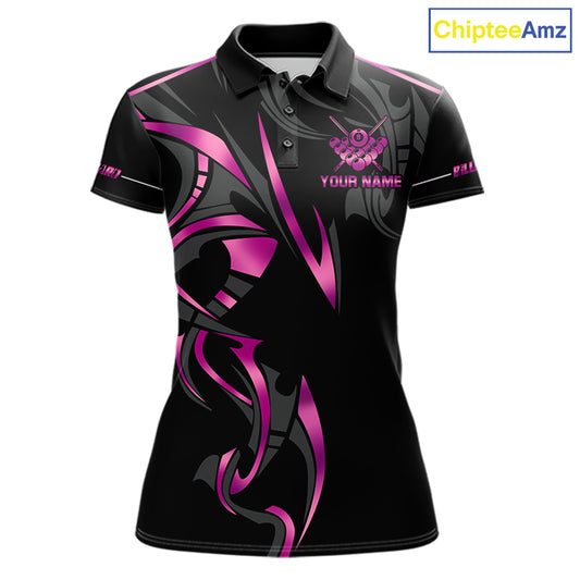 Custom Pink 8 Ball Pool Crown Billiard Shirts For Women, Billiard Team Jersey Polo & 1/4 Zip |Black TDM6193
