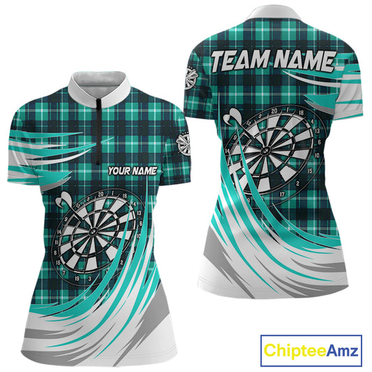 Personalized Turquoise Dartboard Plaid Womens Darts Shirt Custom Darts Jersey Team Polo & 1/4 Zip TDM5328