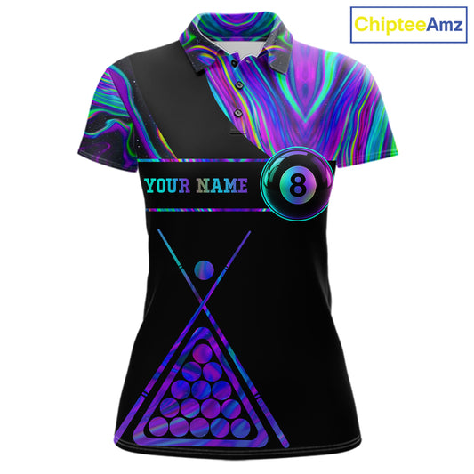 Neon purple blue 8 ball tie dye custom billiard polo shirt for women, pool team jersey and tournament apparel.