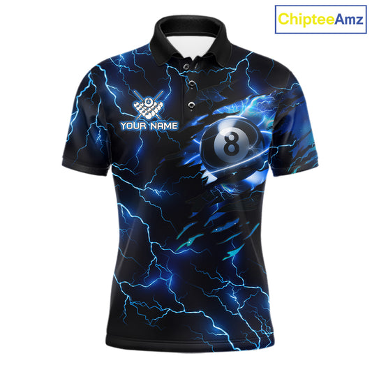 Custom blue thunder lightning pool jersey for men with bold 8 ball billiard artwork.