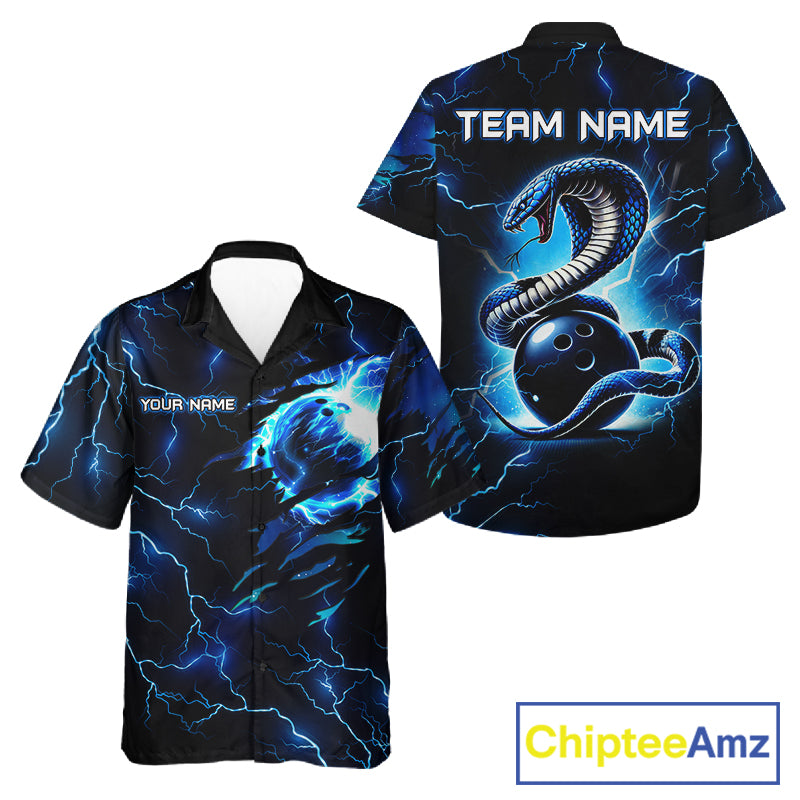 Blue Lightning Thunder Custom Cobra Snake Bowling Hawaiian Shirt For Men Women, Bowling Team Jersey TDM7708