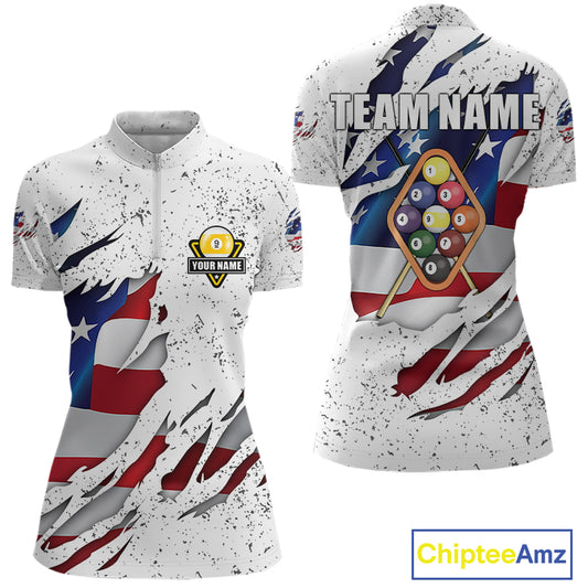 9 Ball Pool US Flag White Grunge Custom Women's Billiard Shirt, Patriotic Billiard Team Jersey TDM5138