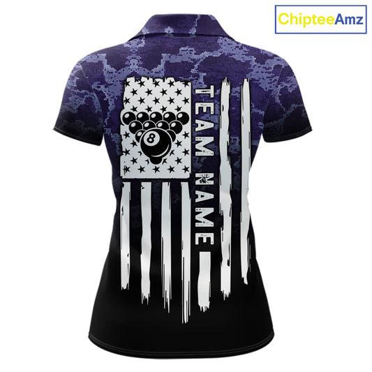 Black And Purple Camo US Flag 8 Ball Billiard Shirt For Women Custom Pool Team Jersey Polo & 1/4 Zip TDM5995