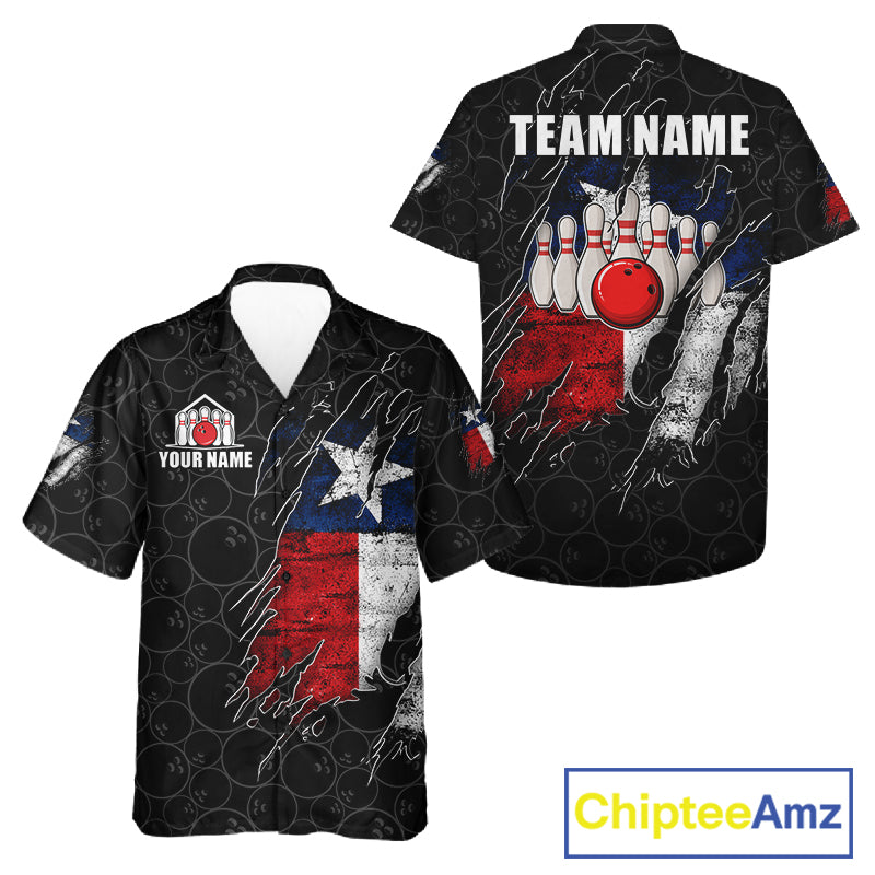 Personalized Vintage Texas Flag Bowling Hawaiian Shirts Custom Patriotic Bowling Team Button Up Jersey TDM7763