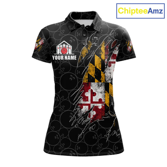 Vintage Maryland Flag Bowling Shirts For Women Custom Patriotic Bowling Team Jersey | Black TDM7764