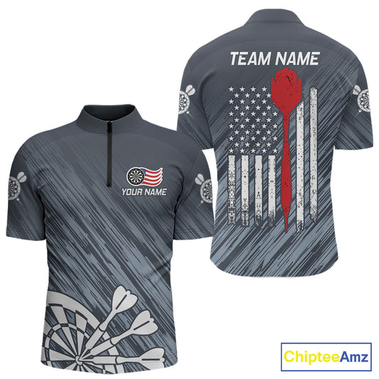 American Flag Grey Grunge Darts Shirt For Men Custom Patriotic Darts Jersey Team Polo & 1/4 Zip TDM5385