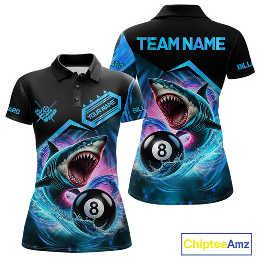 Blue 8 ball pool billiard shark team jersey polo shirt for women featuring a fierce shark and 8 ball design, premium custom billiard league apparel.
