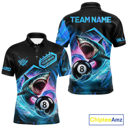 Blue 8 ball pool billiard shark team jersey polo shirt for men featuring a fierce shark and 8 ball design, premium custom billiard league apparel.