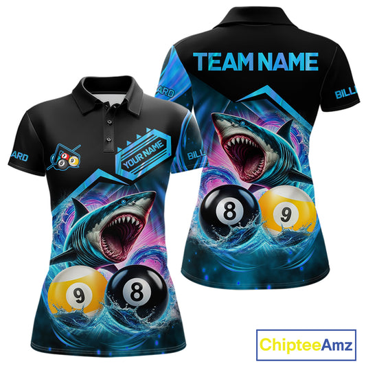 Blue 8 ball and 9 ball pool billiard shark team jersey polo shirt for women featuring a fierce shark with 8 ball and 9 ball design, premium custom billiard league apparel.