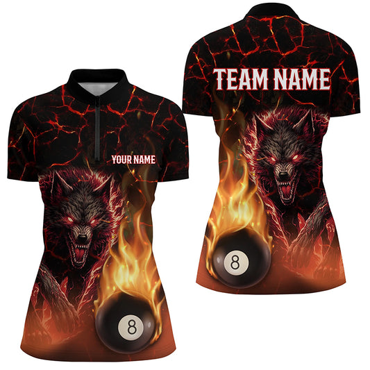Custom 3D Wolf 8 Ball Fire Flame Billiard Polo, 1/4 Zip Shirts For Women Team League Billiard Jerseys TDM2450