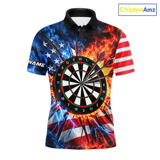 Custom Lightning Flame American Flag Darts Shirts For Men, Patriotic Darts League Team Jersey TDM7780