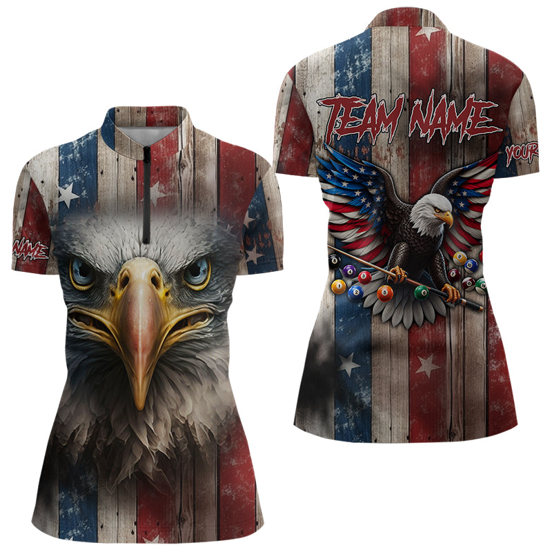Patriotic Billiard Shirts For Women Custom Eagle American Flag Billiard Polo & Quarter Zip Jerseys TDM3167