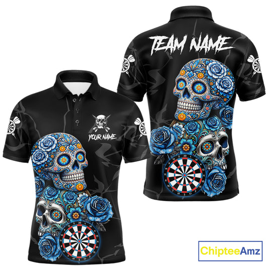 Personalized Blue Sugar Skull Darts Shirt For Men Custom Darts Jersey Team Polo & Quarter Zip TDM6263
