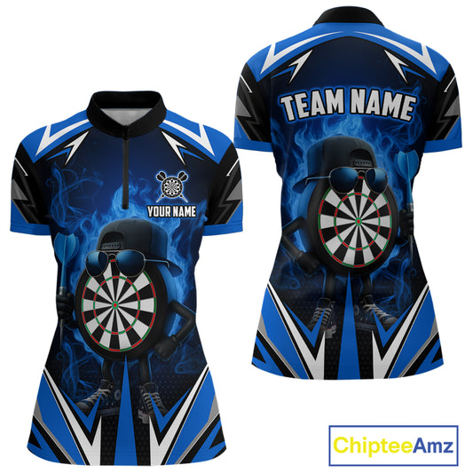 Funny Dartboard Blue Flaming Darts Shirt For Women Custom Darts Jersey Team Polo & Quarter Zip TDM5386