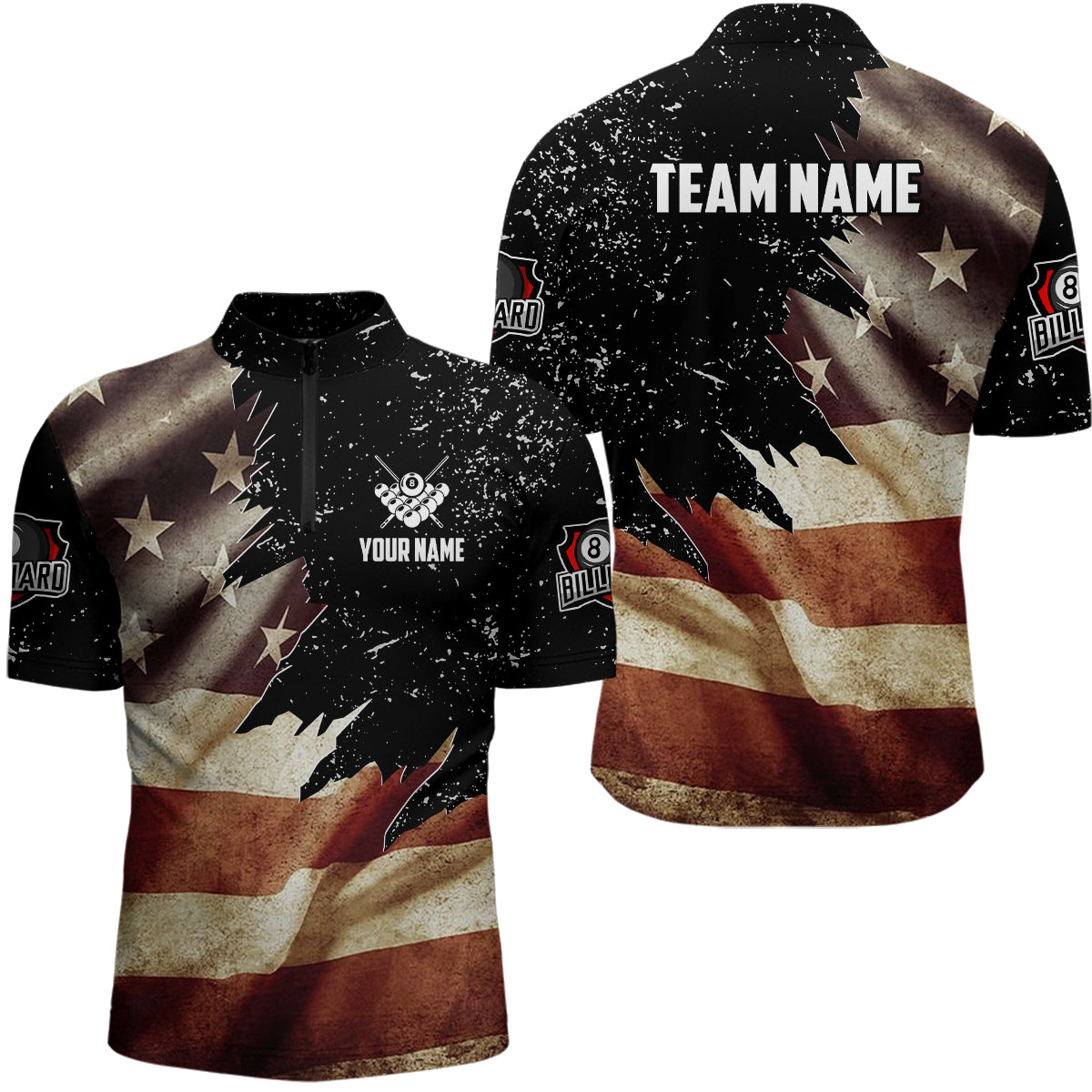 Personalized Retro US Flag Billiard Men Quarter-Zip Shirts, Patriotic Billiard Jerseys TDM0714