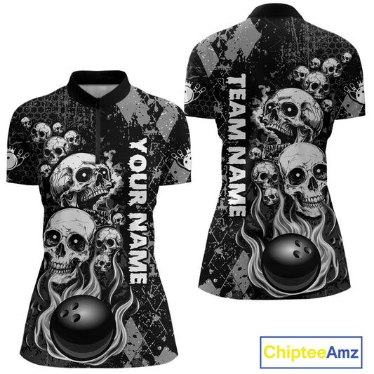 Black Grey Grunge Argyle Skull Bowling Shirt For Women Custom Bowling Team Jersey Polo & 1/4 Zip TDM4773
