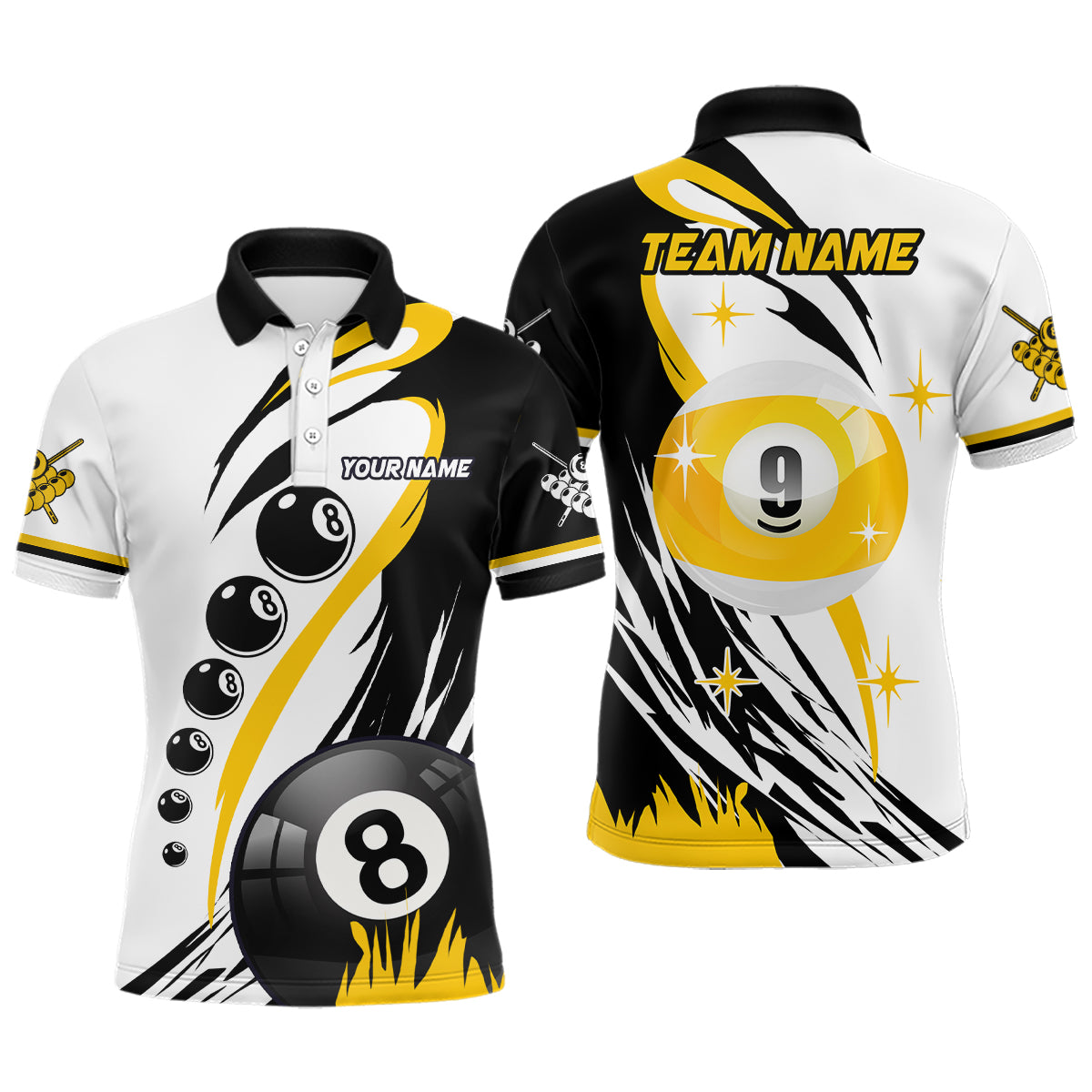 Personalized Billiard 8 Ball & 9 Ball Men Polo Shirts, Custom Team Name Billiard Attire Jerseys TDM1229