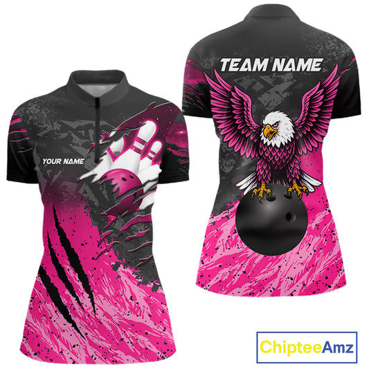 Personalized pink and black eagle bowling team jersey quarter zip shirt for women featuring striking eagle artwork, premium custom bowling league apparel for tournament and league play.