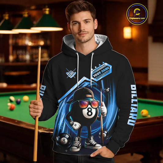 Blue Funny 8 Ball Billiard Hoodie For Men And Women Custom 8 Ball Hoodie Pool Team Shirts TDM5205