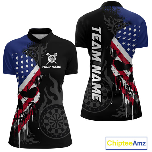 Grunge American Flag Skull Darts Shirt For Women Custom Patriotic Darts Team Jerseys Polo & 1/4 Zip TDM4197