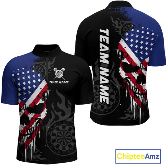 Grunge American Flag Skull Darts Shirt For Men Custom Patriotic Darts Team Jerseys Polo & 1/4 Zip TDM4197