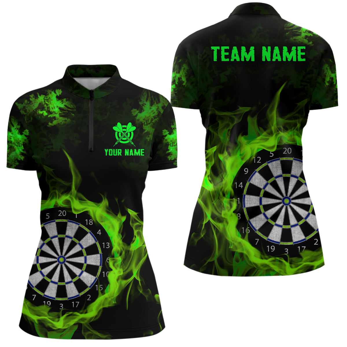 Fire Flame Green Dartboard Women Dart Polo/ Quarter-Zip Shirt Custom Dart Shirts For Team Dart Jersey TDM2030