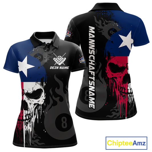 Grunge Texas Flag Skull 8 Ball Pool Custom Women Billiard Shirts, Patriotic Billiard Team Jerseys TDM7891