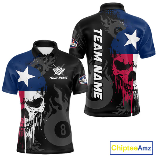 Grunge Texas Flag Skull 8 Ball Pool Custom Men Billiard Shirts, Patriotic Billiard Team Jerseys TDM7891