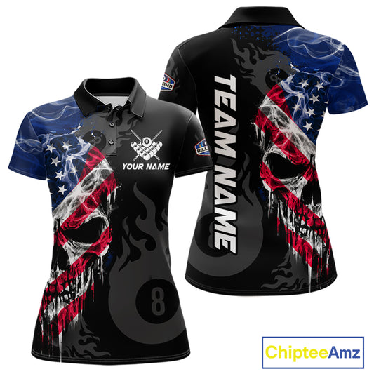 Smoke American Flag Skull 8 Ball Pool Custom Women Billiard Shirts Patriotic Billiard Team Jerseys TDM7895
