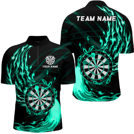Turquoise Fire Flame Dartboard Darts Polo & Quarter Zip Custom Dart Shirts For Men Dart Jerseys TDM3739