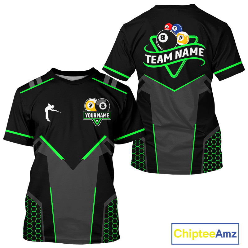 Personalized 8 Ball & 9 Ball Pool Billiard T-Shirt For Men Custom Billiard Team Jerseys | Green TDM3581