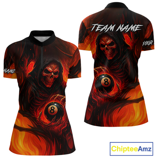 Orange Flaming Grim Reaper 8 Ball Billiard Shirt For Women Custom Halloween Pool Team Shirt Outfit TDM4811