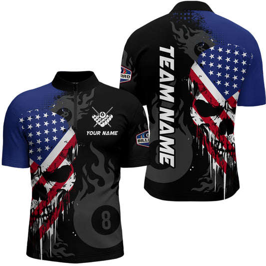 Grunge American Flag Skull 8 Ball Pool Custom Men Billiard Shirts, Patriotic Billiard Team Jerseys TDM3249