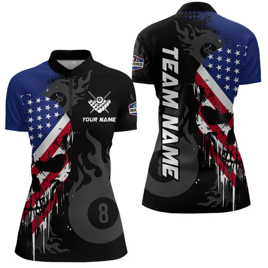 Grunge American Flag Skull 8 Ball Pool Custom Women Billiard Shirts, Patriotic Billiard Team Jerseys TDM3249