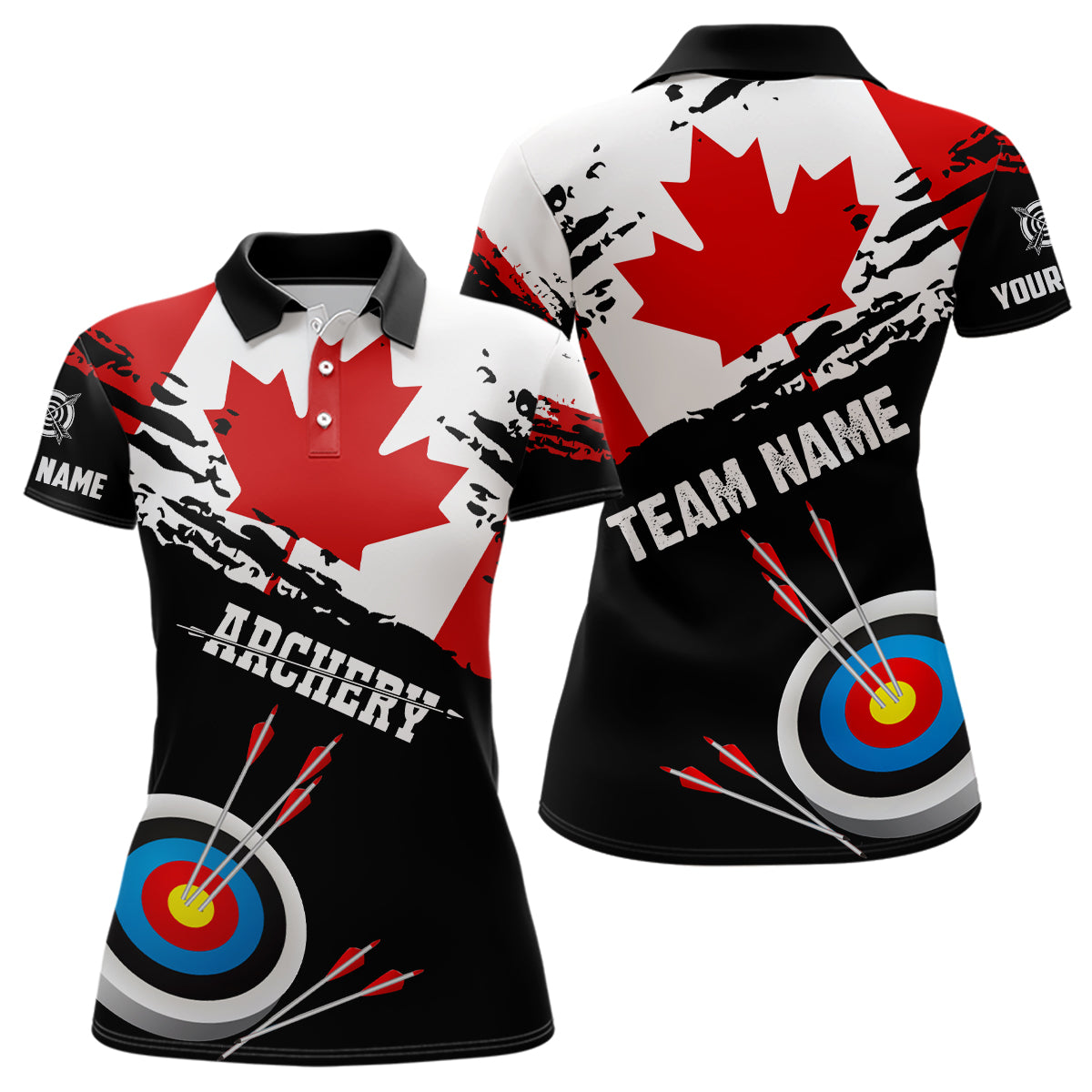 Personalized Grunge Canada Flag Archery Women Polo Shirts, Custom Patriotic Canadian Archery Shirts TDM0936