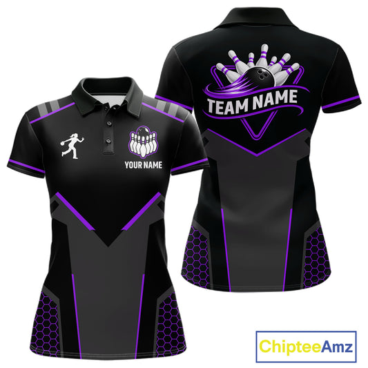 Personalized Bowling Jersey For Women, Custom Black And Purple Bowling Team Shirt Polo & 1/4 Zip TDM6547