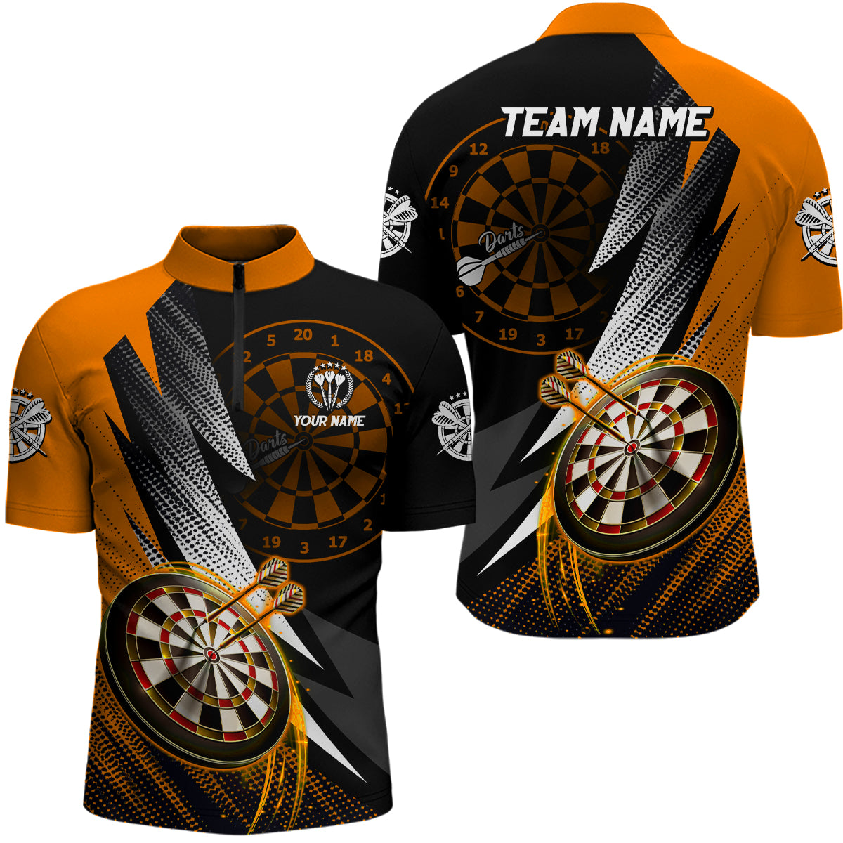 Personalized Orange Black Darts Polo & 1/4 Zip Shirts Custom Dart